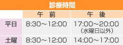 診療時間 平日8:30~12:00 17:00~20:00(水曜以外) 土曜8:30~12:00 14:00~17:00