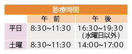 診療時間 平日8:30～11:30 16:30～19:30（水曜以外） 土曜8:30～11:30　14:00～17:00