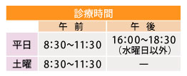 診療時間 平日8:30～11:30 16:00～18:30（水曜以外） 土曜8:30～11:30